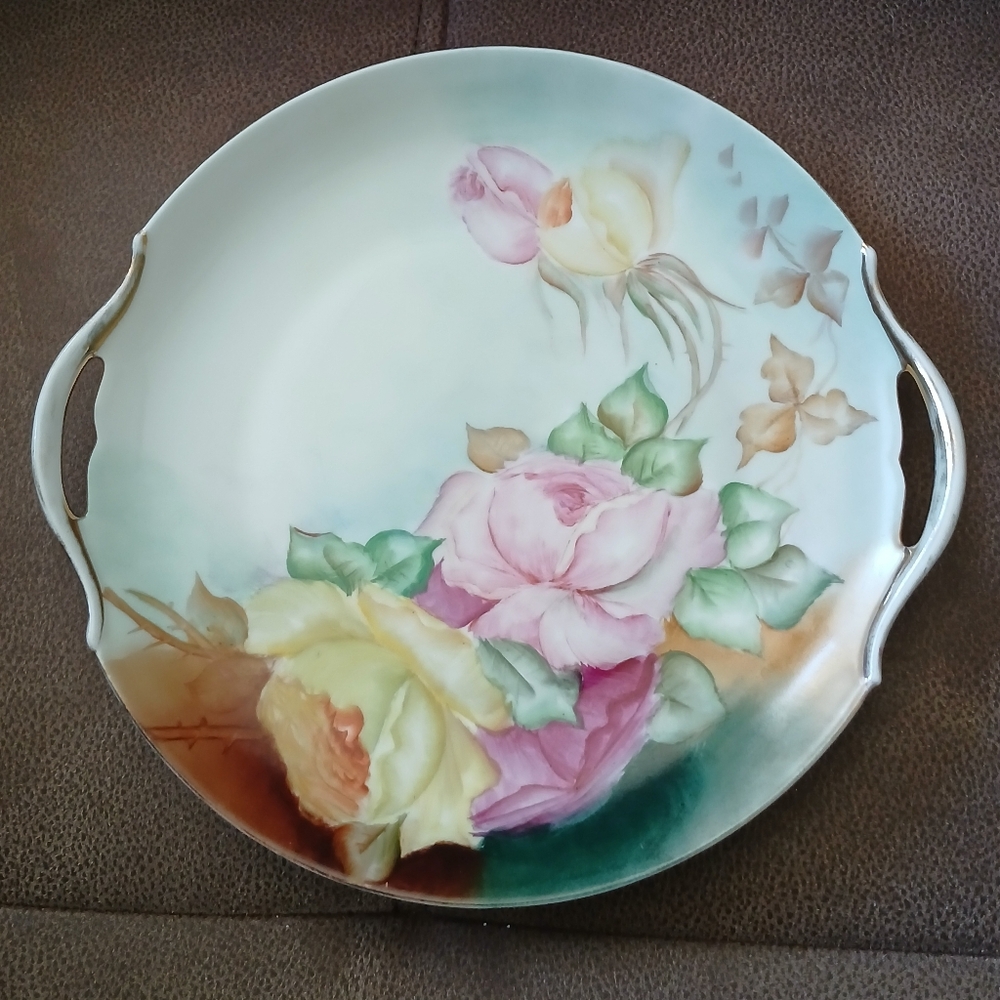 Antique gold rimmed handpainted roses plate/platter with handles